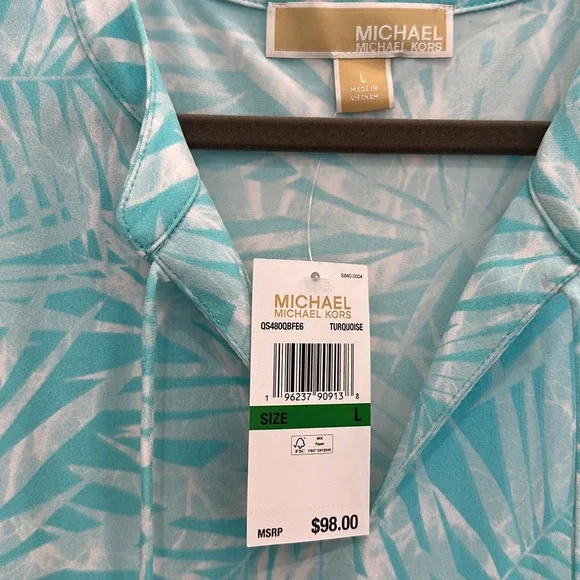 Michael Kors Tropical Sleeveless Dress with Ruffle Hem. Turquoise Size L. NWT - Picture 2 of 5